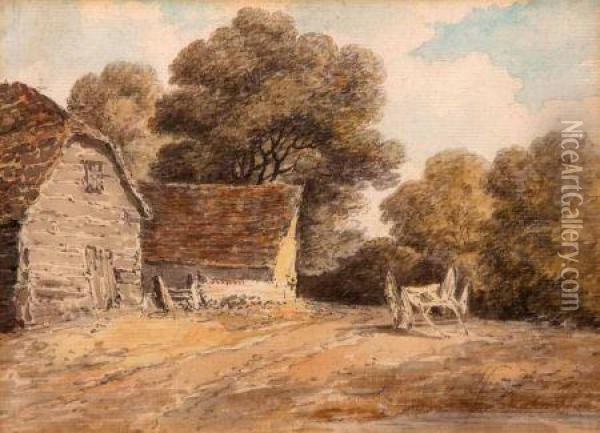 Farmyard With Barns And Cart Amongst Trees Oil Painting - Thomas Dr Munro
