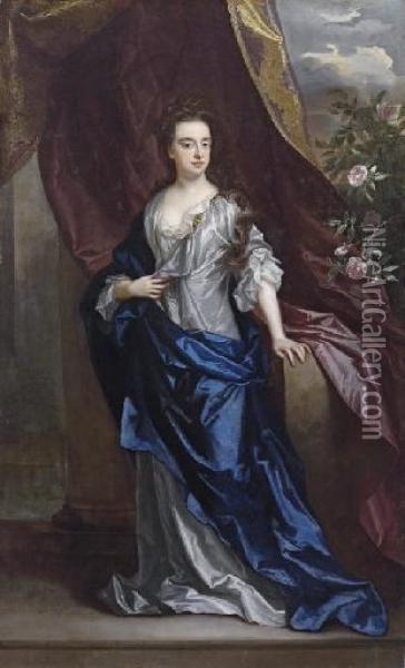 Portrait Of Elizabeth, Duchess 
Of Dorset, Full-length, In A White Dress With A Blue Wrap, Leaning On A 
Stone Pedestal With Her Left Hand, Beside A Draped Curtain Oil Painting - Sir Godfrey Kneller