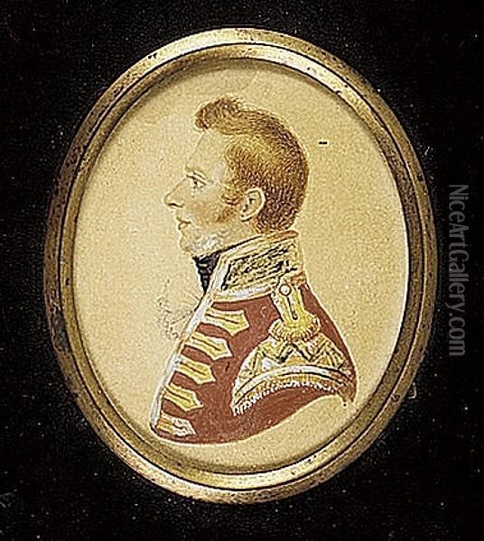 An Officer, Perhaps Of A Regiment Of Guards, Profile To The Left, Wearing Scarlet Coat With Single Spaced Bastion-ended Lace Across The Chest And Gold Wings With A Blue Zig-zag Decoration Above The Fringe Oil Painting - Charles Herve