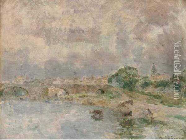 Le Pont Du Chateau, Les Bords De L'allier Oil Painting - Albert Lebourg