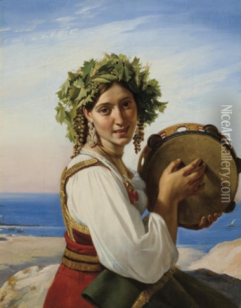 A Young Woman With A Tambourine In Ischia - Le Tambour De Basque Oil Painting - Claude Bonnefond