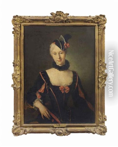 Portrait Of A Lady, Half-length, In A Black And Red Dress With Slashed Sleeves, Wearing A Plumed Headdress Oil Painting - Jean-Baptiste Santerre