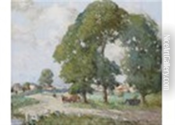 A Summer Rural Scene With Harvesters Near A Village Oil Painting - William Lee-Hankey
