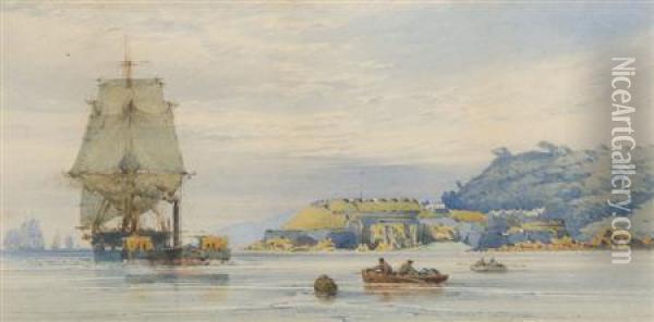 A Steam Tug Towing A Man O' War Off The Portsmouth Coastline Oil Painting - John Callow