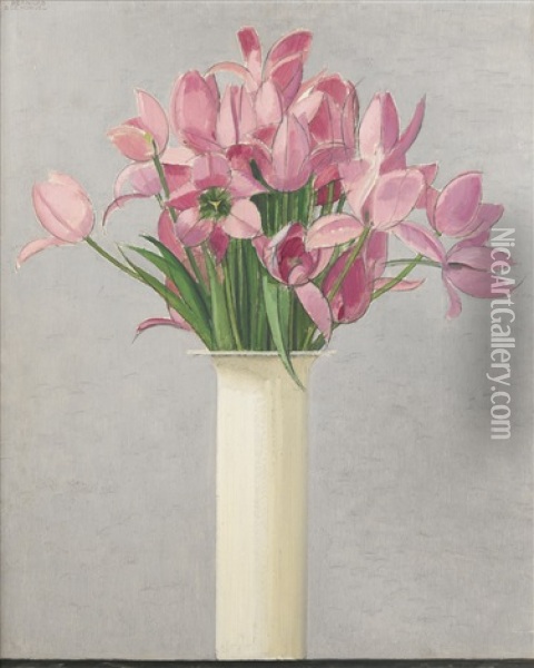 Tulipes Roses Dans Un Vase Blanc Oil Painting - Bernard Boutet De Monvel
