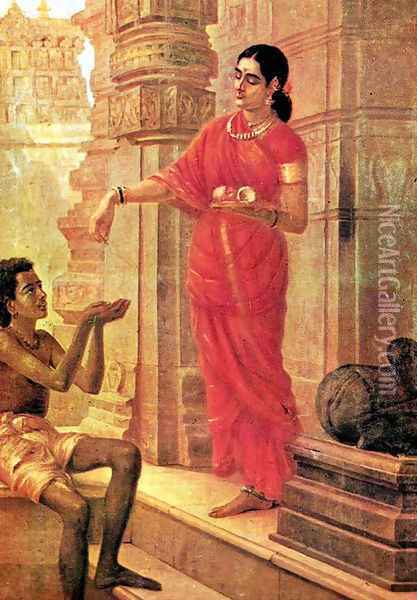 Lady Giving Alms Oil Painting - Raja Ravi Varma