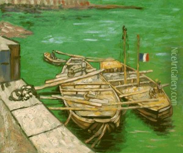 Quay With Men Unloading Sand Barges Oil Painting - Vincent Van Gogh