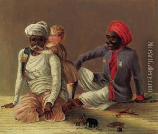 Sandy With His Attendants, A Lascar And A Puttawallah; And An Ayahwith One Of The Olive Branches And Hamaul Oil Painting - E.W., General Wray