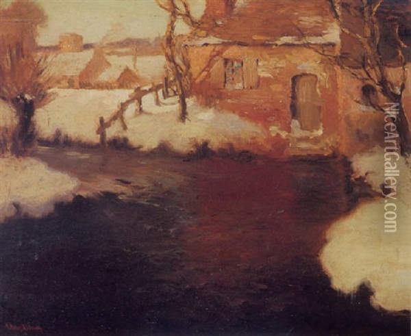 A Cabin By A River In Winter Oil Painting - George Ames Aldrich