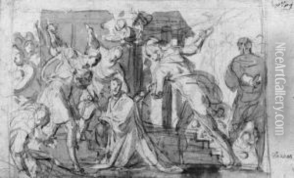 A Kneeling Saint Speared By Three Tormentors (recto Andverso) Oil Painting - Bernardino Barbatelli Poccetti
