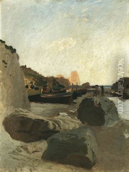 Aufliegende Fischerboote Am Strand Einer Sudlichen Steilkuste Oil Painting - Ernst Carl Friedrich te Peerdt