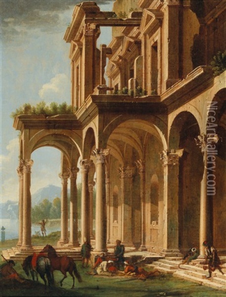 Figures By A Ruined Palace Portico Oil Painting - Niccolo Codazzi