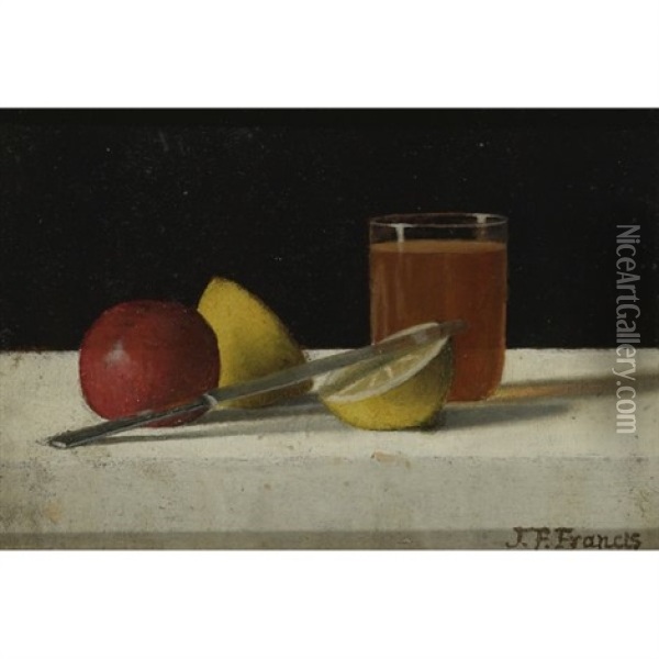 Table Arrangement With Apple, Lemon, Glass And Knife Oil Painting - John F. Francis