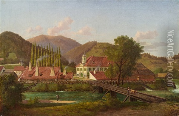 Herrenhaus Und Sensenwerk Kindthal Bei Kindberg An Der Murz (?) Oil Painting - Josef von Schloegl