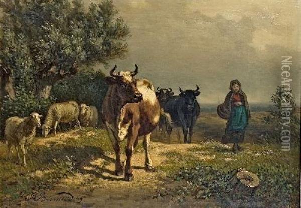 Landschaft Mit Hirtin Und Herde Oil Painting - Richard Burnier
