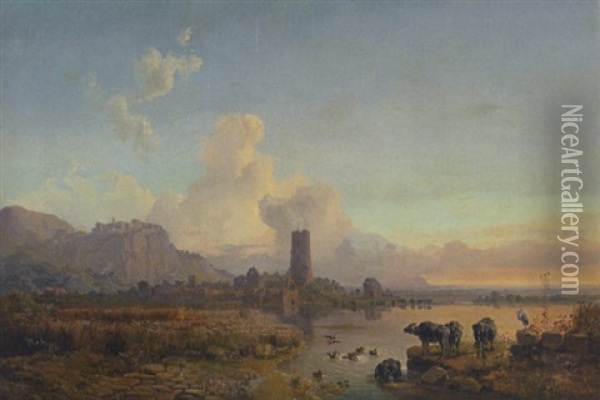 Landschaft In Den Pontinischen Sumpfen Mit Den Ruinen Von Ninfa Und Blick Auf Sezze Oil Painting - Heinrich Buerkel
