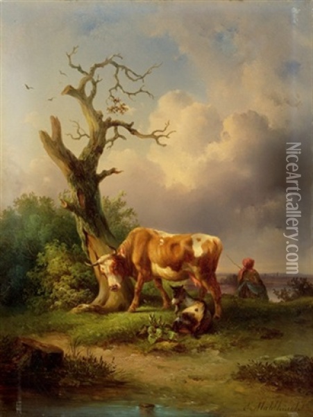 Weideidylle Oil Painting - Edmund Mahlknecht