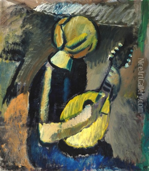 Siddende Mandolinspillerske (seated Mandolin Player) Oil Painting - Harald Giersing