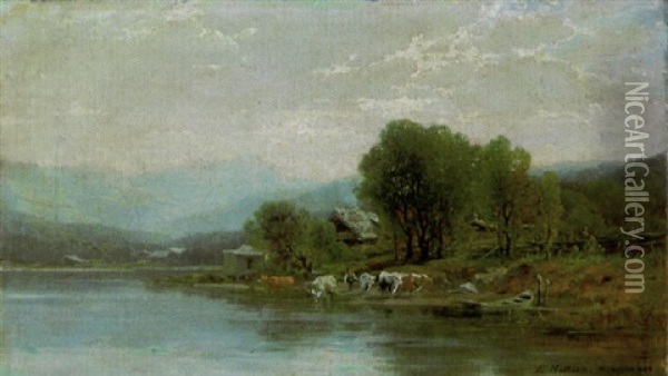 Hirte Mit Kuhen An Der Tranke Am Ufer Eines Gebirgssees Oil Painting - Eugen Hettich