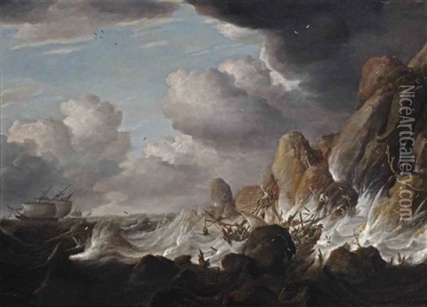 Shipping In Stormy Waters With A Shipwreck On The Cliffs Oil Painting - Bonaventura Peeters the Elder