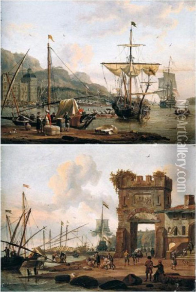 A Mediterranean Port Scene With Figures Unloading Their Boat, Other Vessels Beyond Oil Painting - Abraham Storck