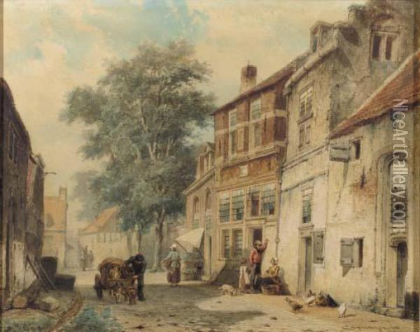 A Streetscene In Culemborgh With A Dog-cart Oil Painting - Cornelis Springer