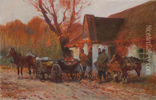 Autumn In Front Of The Manor Hause Oil Painting - Adam Setkowicz