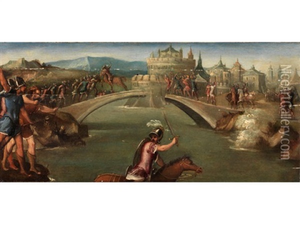 Orazio Coclite Sul Ponte (horatius Cocles Verteidigt Die Brucke) Oil Painting - Bonifazio de Pitati