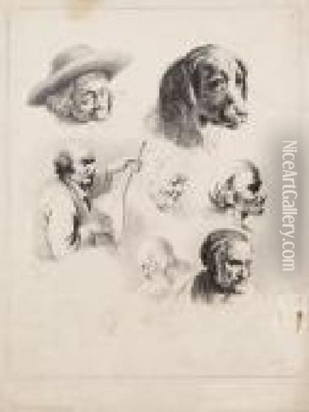 Studienblatt Mit Gitarre Spielender Halbfigur, Mannerkopfen Und Einem Hund Oil Painting - Jean-Jacques De Boissieu
