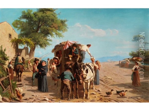 Pferdekutsche Mit Passagieren An Einer Suditalienischen Taverne Oil Painting - Abraham Andre Zwahlen