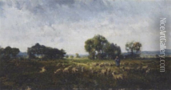 A Shepherd Tending His Flock In A Field Oil Painting - Charles Emile Jacque