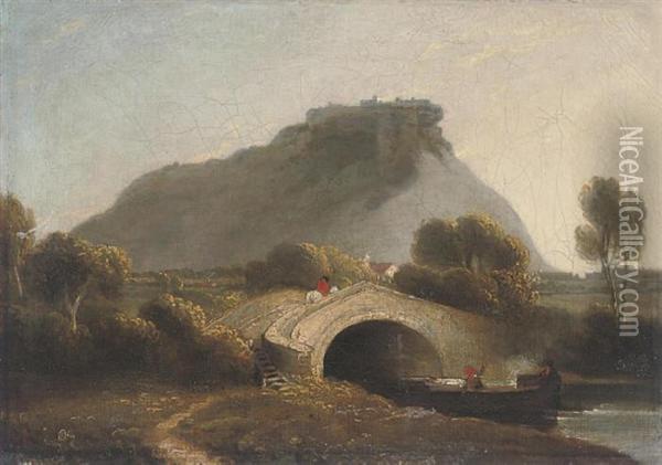 A Wooded River Landscape With A 
Figure On Horseback Crossing Abridge, A Hill With A Fort Beyond Oil Painting - Julius Caesar Ibbetson