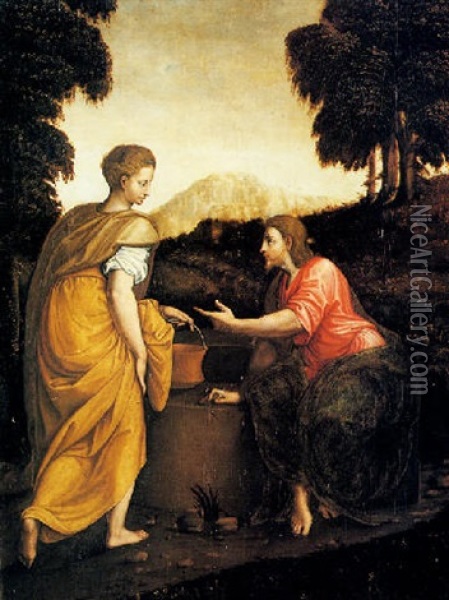 Cristo E La Samaritana Oil Painting - Luca (Romano) Penni