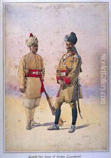 Soldiers of the Queens Own Corps of Guides Lumsdens Infantry Tanaoli Pathan Oil Painting - Alfred Crowdy Lovett