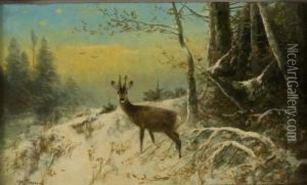 Rehbock In Winterlandschaft Oil Painting - Otto Scheuerer