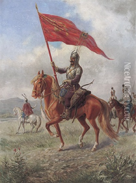 Portrait Eines Janitscharen-fuhrers Zu Pferd Mit Flagge Oil Painting - Reinhold Schweitzer