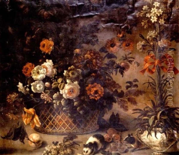 Tulips, Roses, Carnations, Honeysuckle And Other Flowers In A Basket With A Vase Of Upright Carnations And Other Flowers Tied With A Red Ribbon, Guinea Pigs With Grapes Oil Painting - Jean-Baptiste Belin de Fontenay the Elder