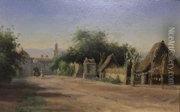 View Of A Church And Village Street Oil Painting - Townley Benson