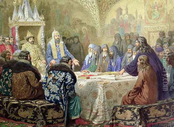 Council in 1634 The Beginning of Church Dissidence in Russia Oil Painting - Aleksei Danilovich Kivshenko