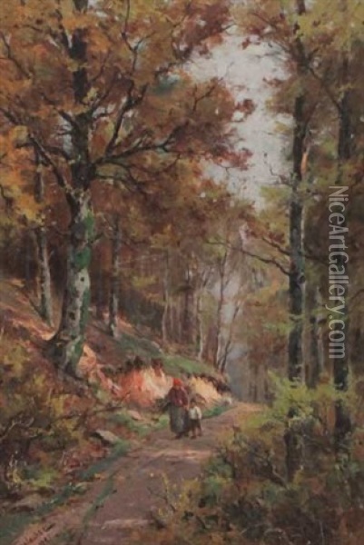 Waldweg Mit Bauerin Und Kind Oil Painting - Vitus Staudacher