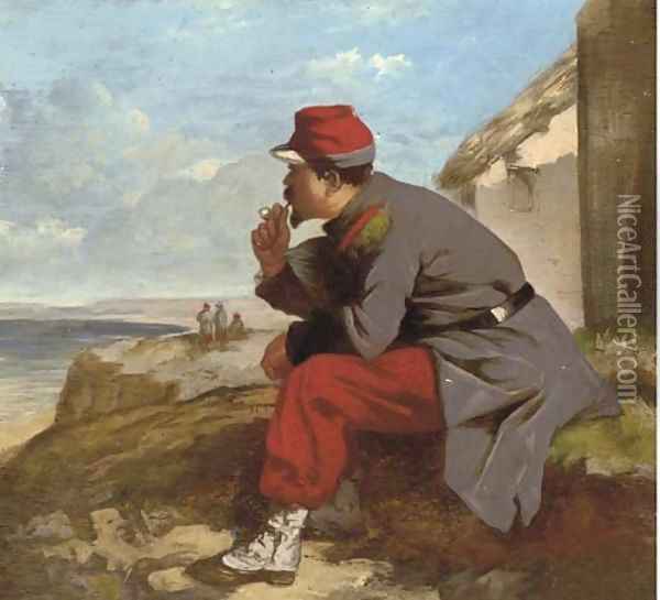 A soldier waiting for the boats to come in Oil Painting - French School