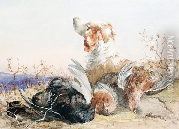 A Spaniel With Three Grouse Oil Painting - James Jnr Hardy