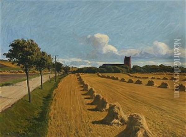 Danish Landscape With Church Oil Painting - Fritz Kraul
