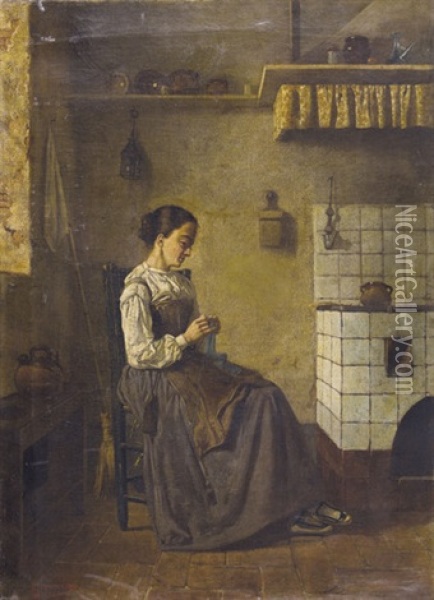 Kucheninterieur Mit Sitzender Frau Am Stricken Oil Painting - Leon Comeleran