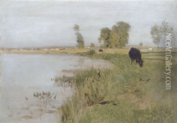 Uferlandschaft Mit Kuhen Oil Painting - Eugen Jettel