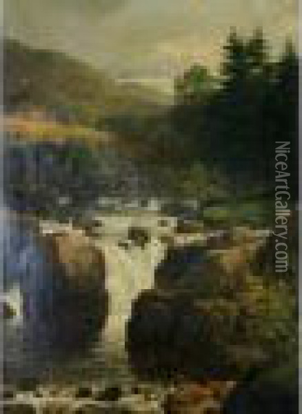 Landscape Scene With A Waterfall Oil Painting - Edmund Gill