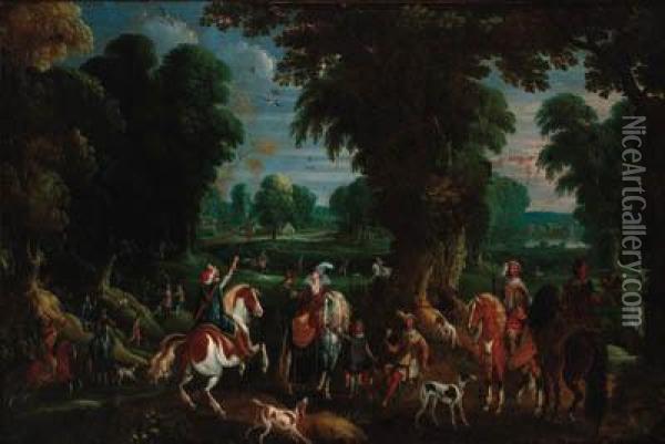 A Hawking Party In An Extensive Wooded Landscape Oil Painting - Sebastien Vrancx