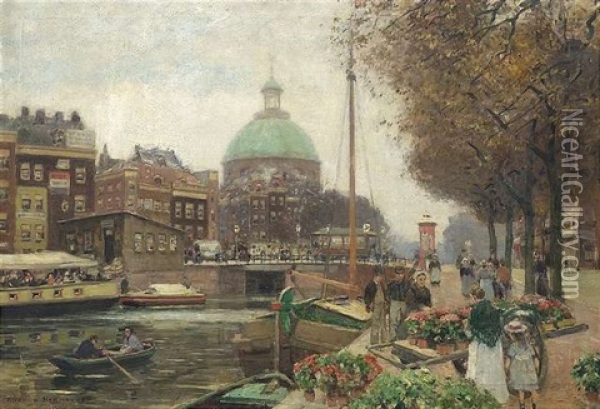Blumenmarkt An Der Anlegestelle Einer Hollandischen Gracht Oil Painting - Heinrich Hermanns