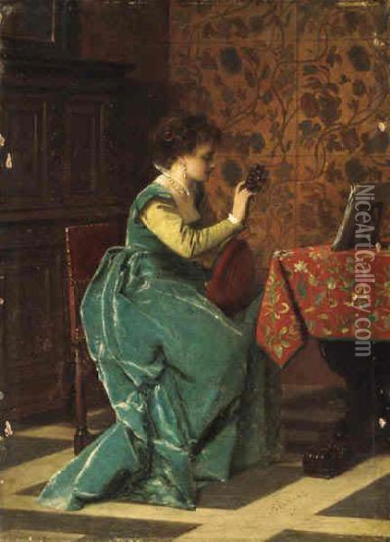 Tuning Her Lute Oil Painting - Charles Francois Pecrus