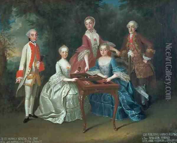 Group portrait of the Harrach family playing backgammon including General Count Ferdinand Harrach Count Ferdinand Bonaventura Harrach with Rosa Anna and Josephine Oil Painting - Johann Wilhelm Hoffnas or Hofnaas